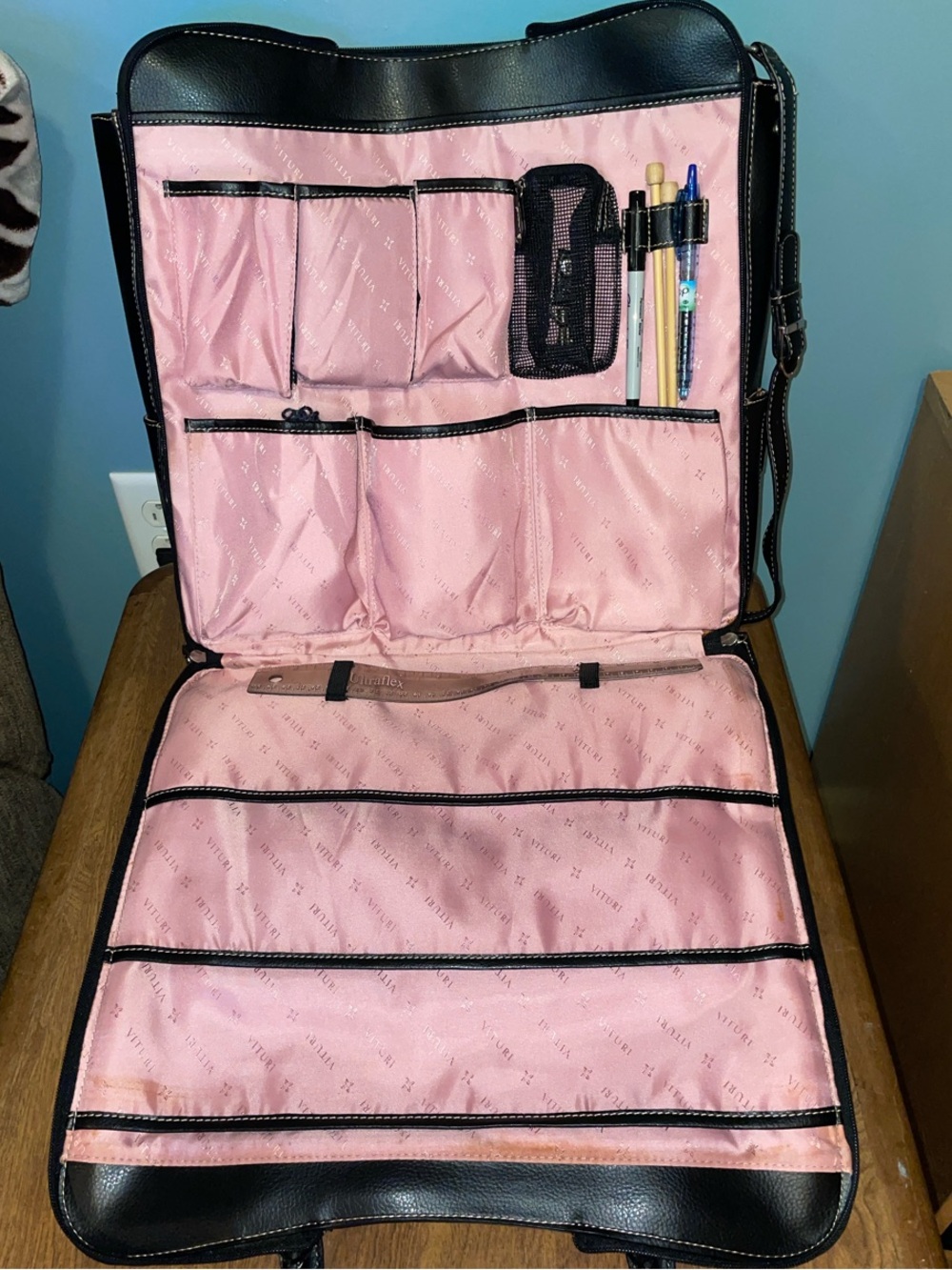 Craft Organizer Tote in Black and Pink with Multiple Pocket Panels